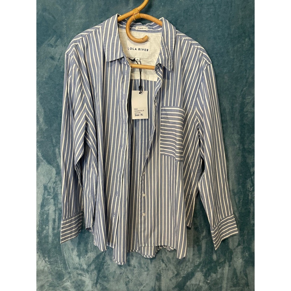 Lola River Max Ocean Blue Striped Oversized Button Down Shirt XL LR1028 NEW